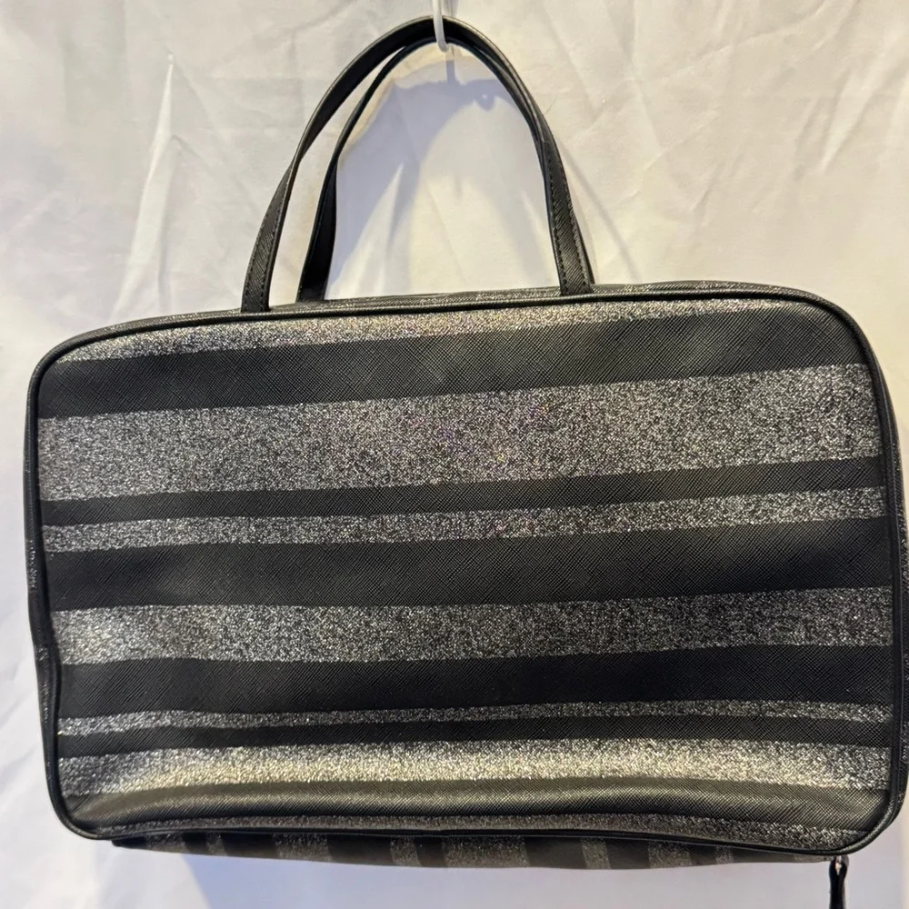 Kate Spade Black Silver Glitter Toiletries Travel Cosmetic Make-up Bag